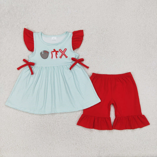 Baseball embroidery print flutter sleeve Girls Set