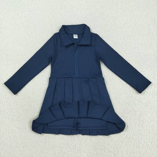 navy solid yoga long sleeve print girl dress GLD1151