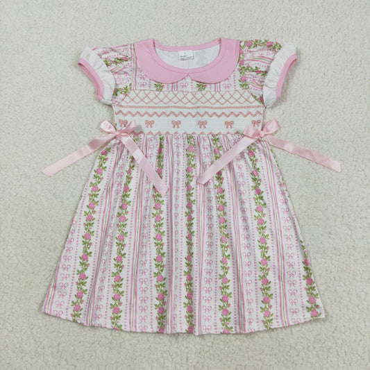 Pink floral Smock bow embroidery Girls dress GSD2717