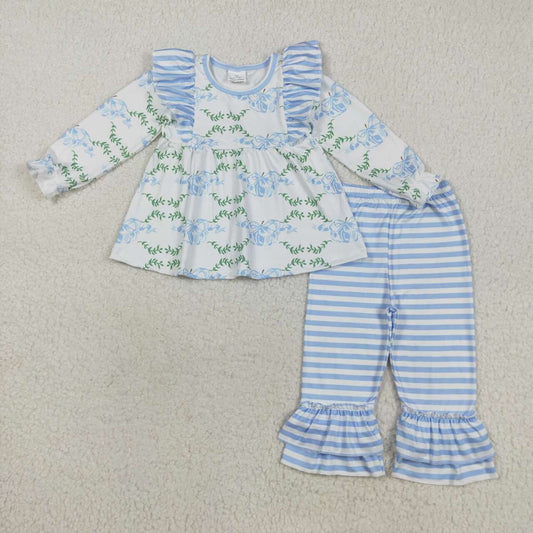 Fall Blue floral Bow Girls Set