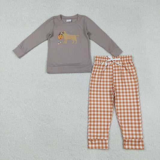 Halloween pumpkin Dog embroidery Print Boy Set