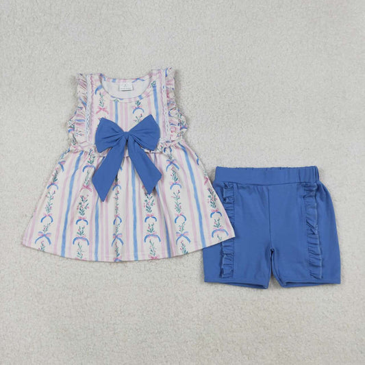 Floral striped pink sleeveless with bow Girls Suit Summer Set GSSO2533