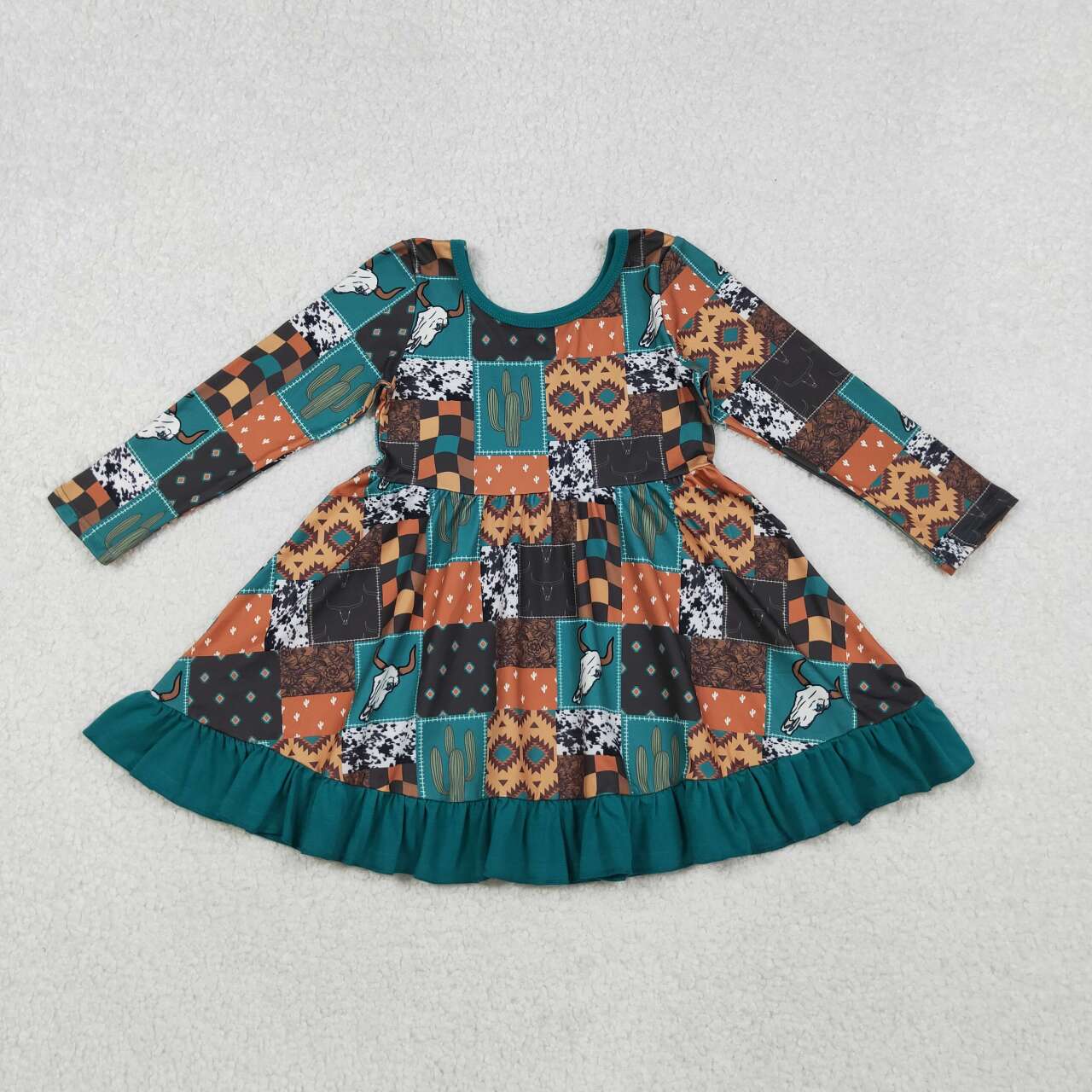 western cactus Cow long sleeve Girls dress  GLD0837