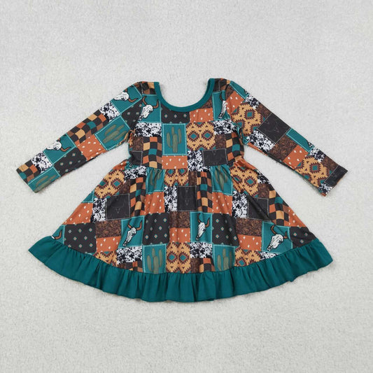 western cactus Cow long sleeve Girls dress  GLD0837