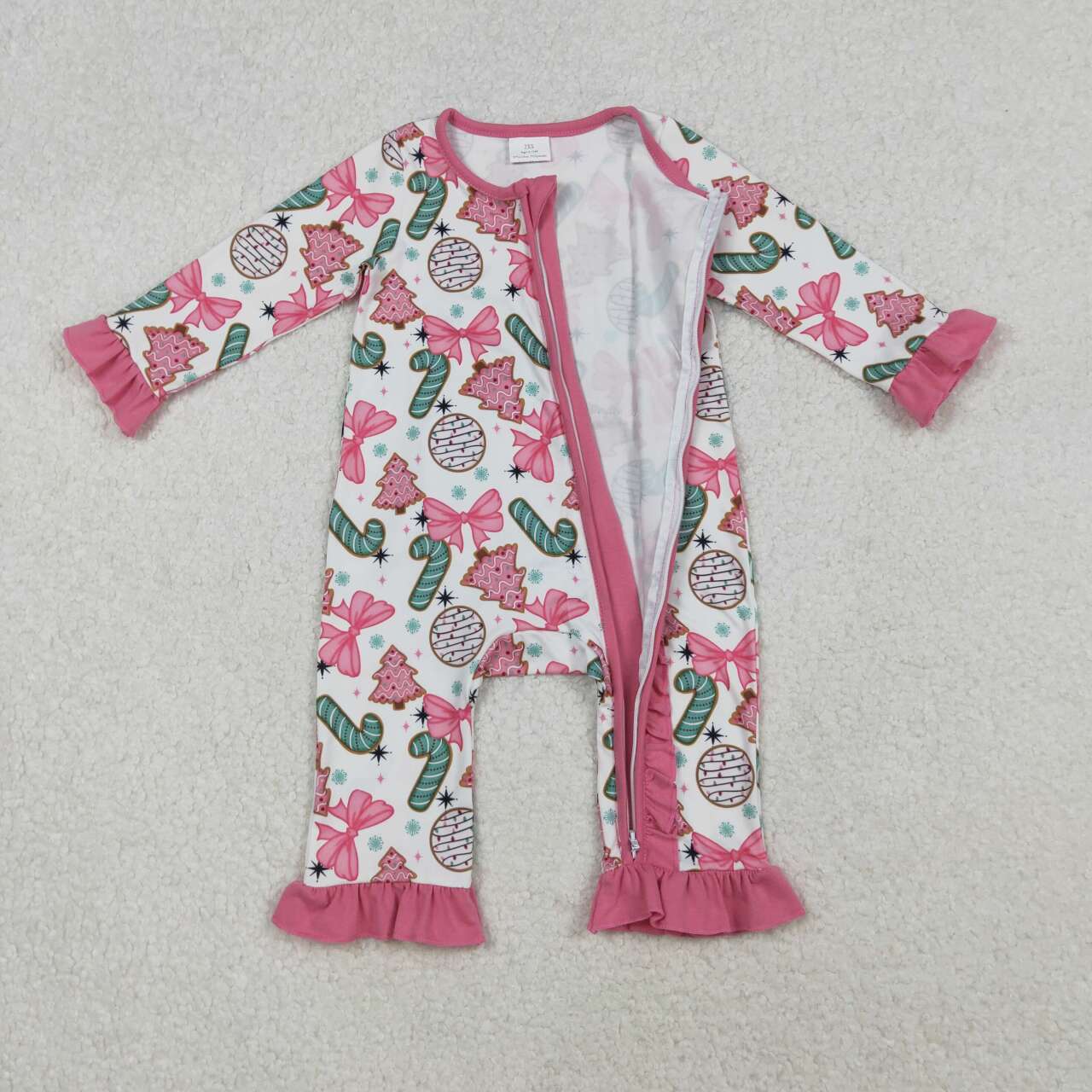 Christmas pink candy bow full zip Baby Romper LR2486