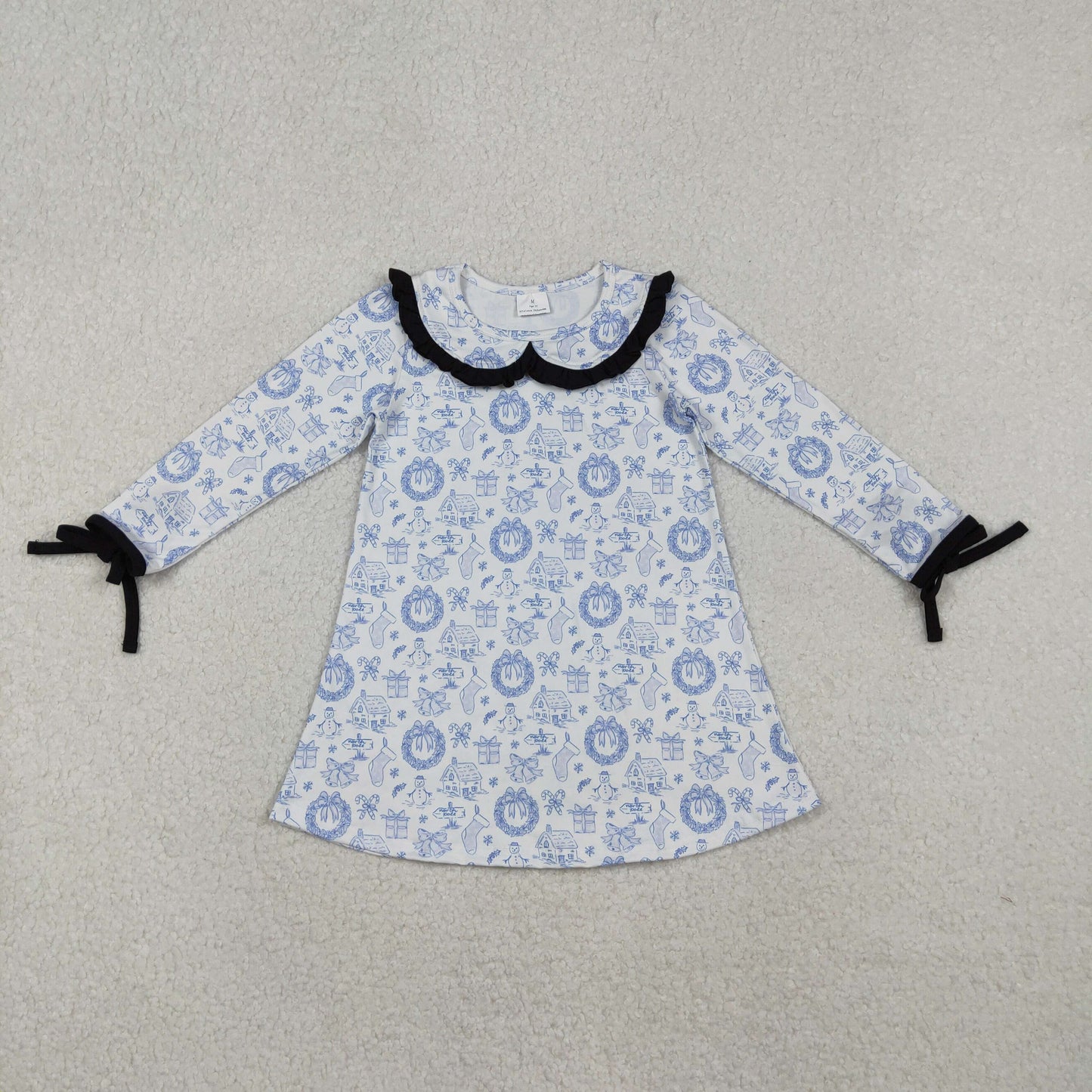 Christmas Blue Snowman Bow long sleeve Girls dress GLD1346