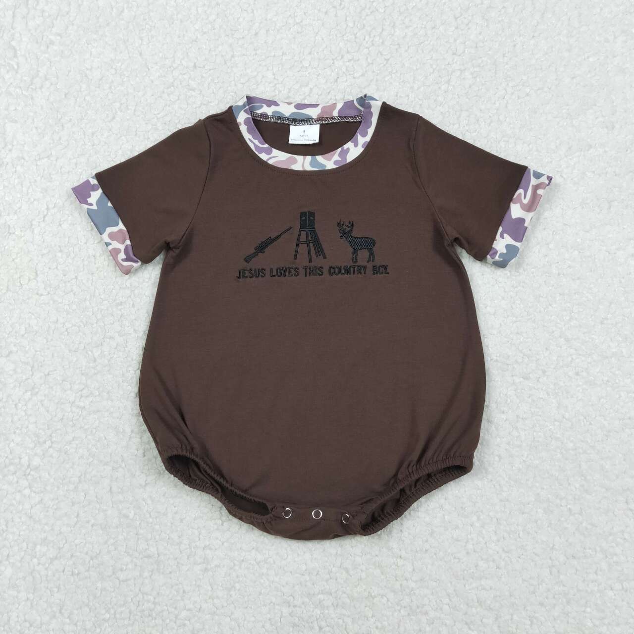 loves this Country Boy Camo baby romper SR3280