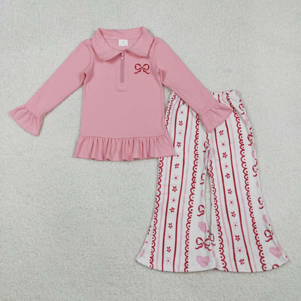 Valentine's Day Embroidered Bow Bell Pants Girls Set
