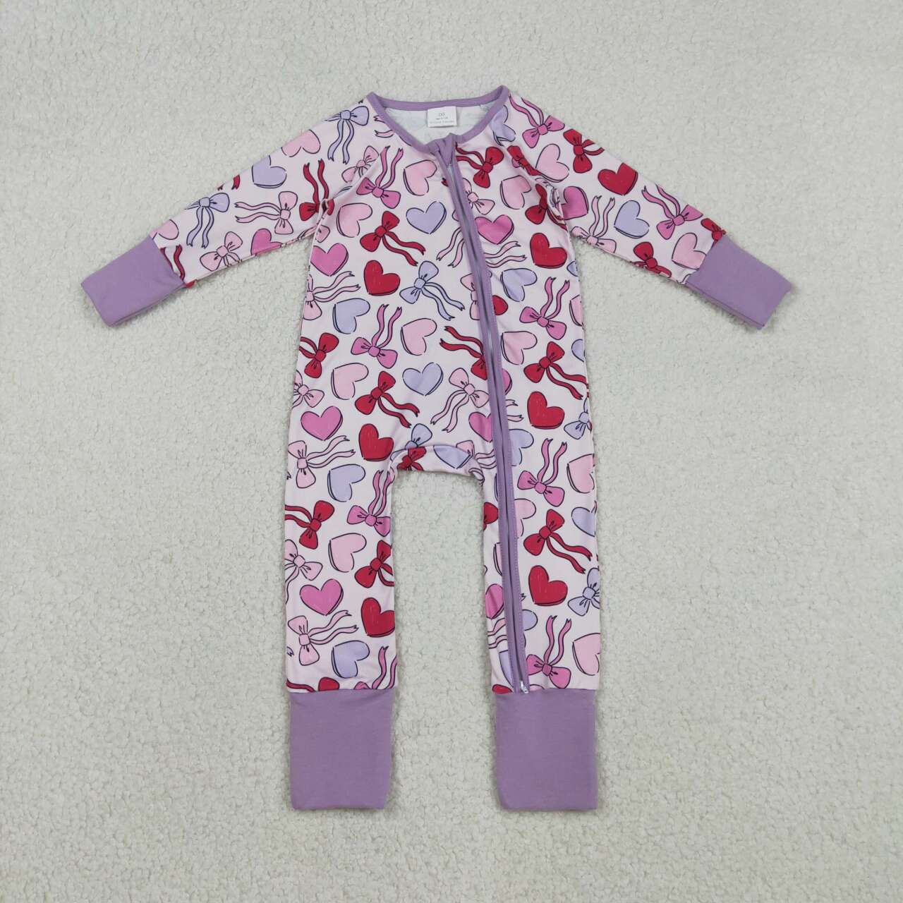 Valentine's Day Purple Heart Full Zipper Baby Romper LR2883