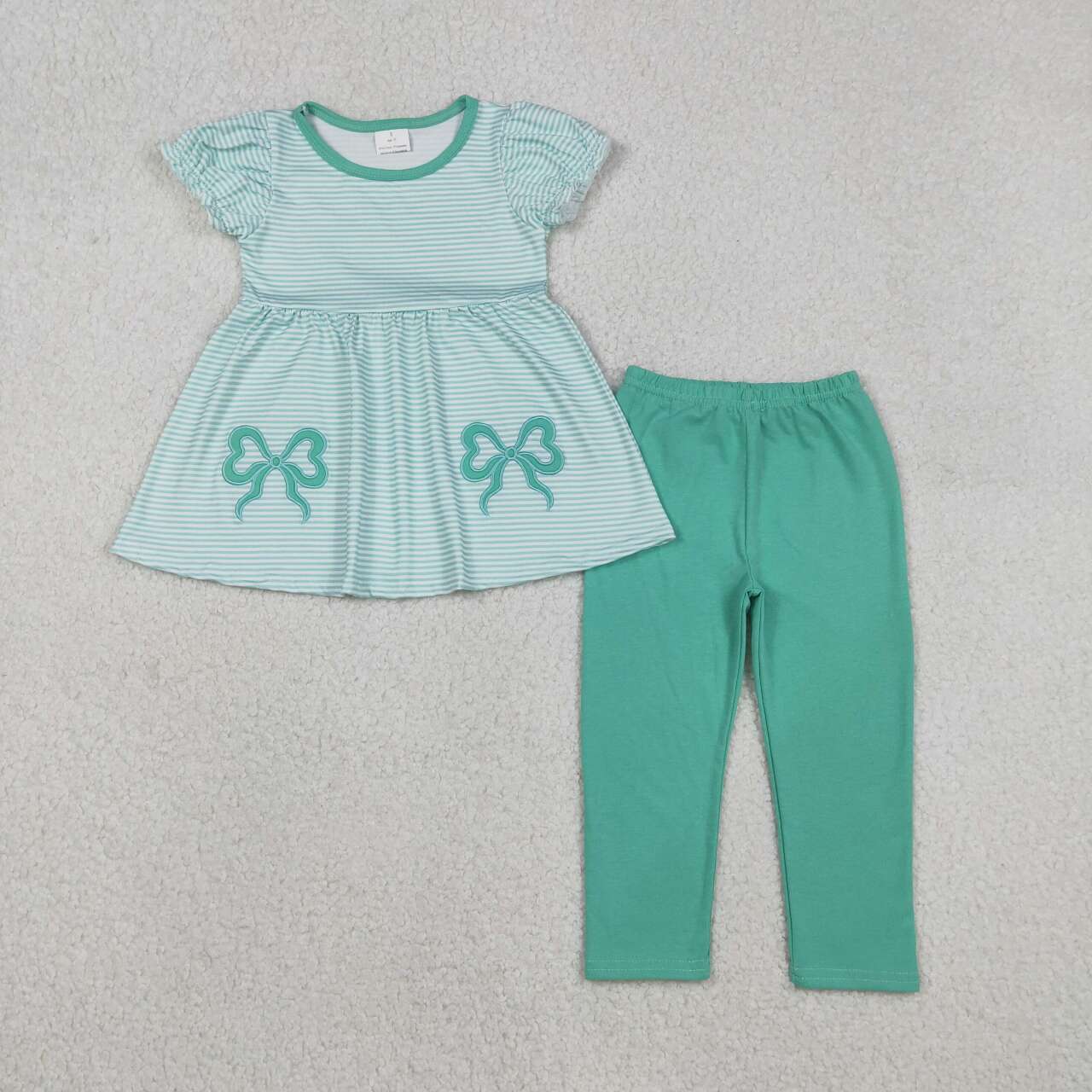 Green Stripe Embroidered Bow Girls Set GSPO2151