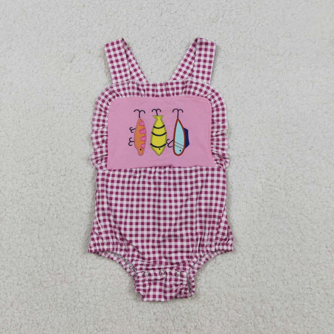 Red plaid embroidered fish baby Romper SR3414