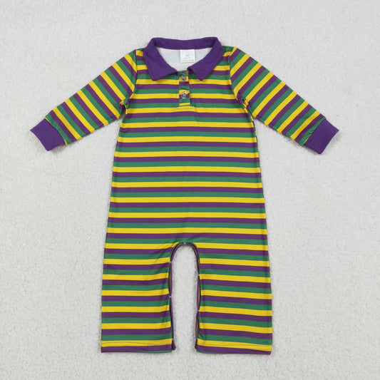 Mardi Gras Stripe long Sleeve baby Romper LR2679