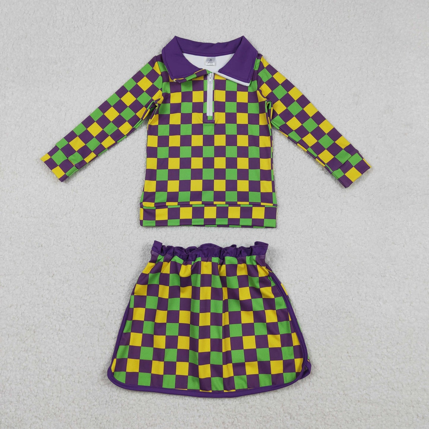Mardi Gras Purple Plaid Long Sleeve Girls Skort Set GLD1362