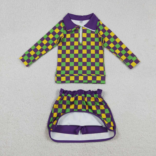 Mardi Gras Purple Plaid Long Sleeve Girls Skort Set GLD1362