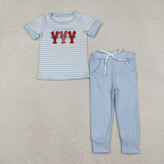 Blue Stripe Lobster embroidered Boy Set  BSPO0616