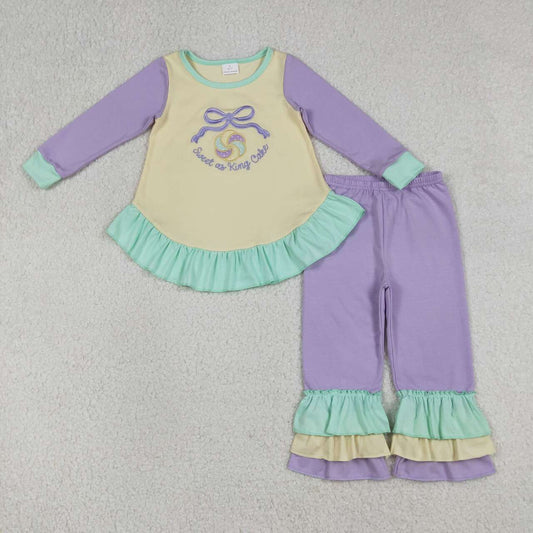 Sweet as king cake embroidery long-sleeved Girls Set GLP2979