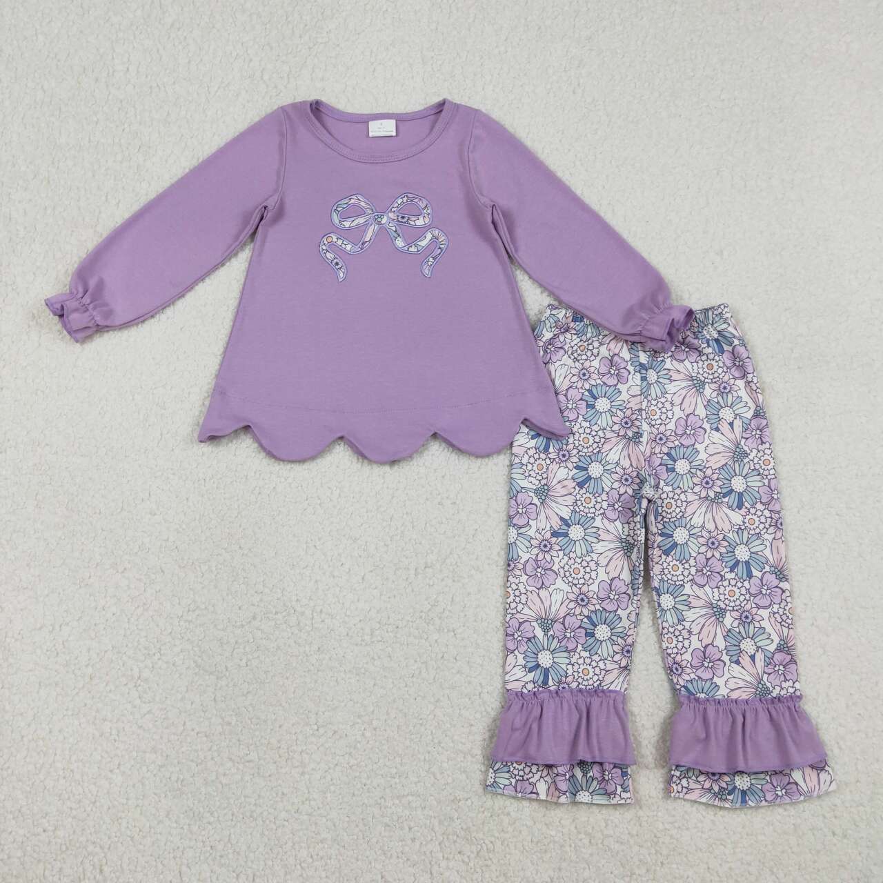 Purple embroidered bow flower Long sleeve Girls Set GLP3019