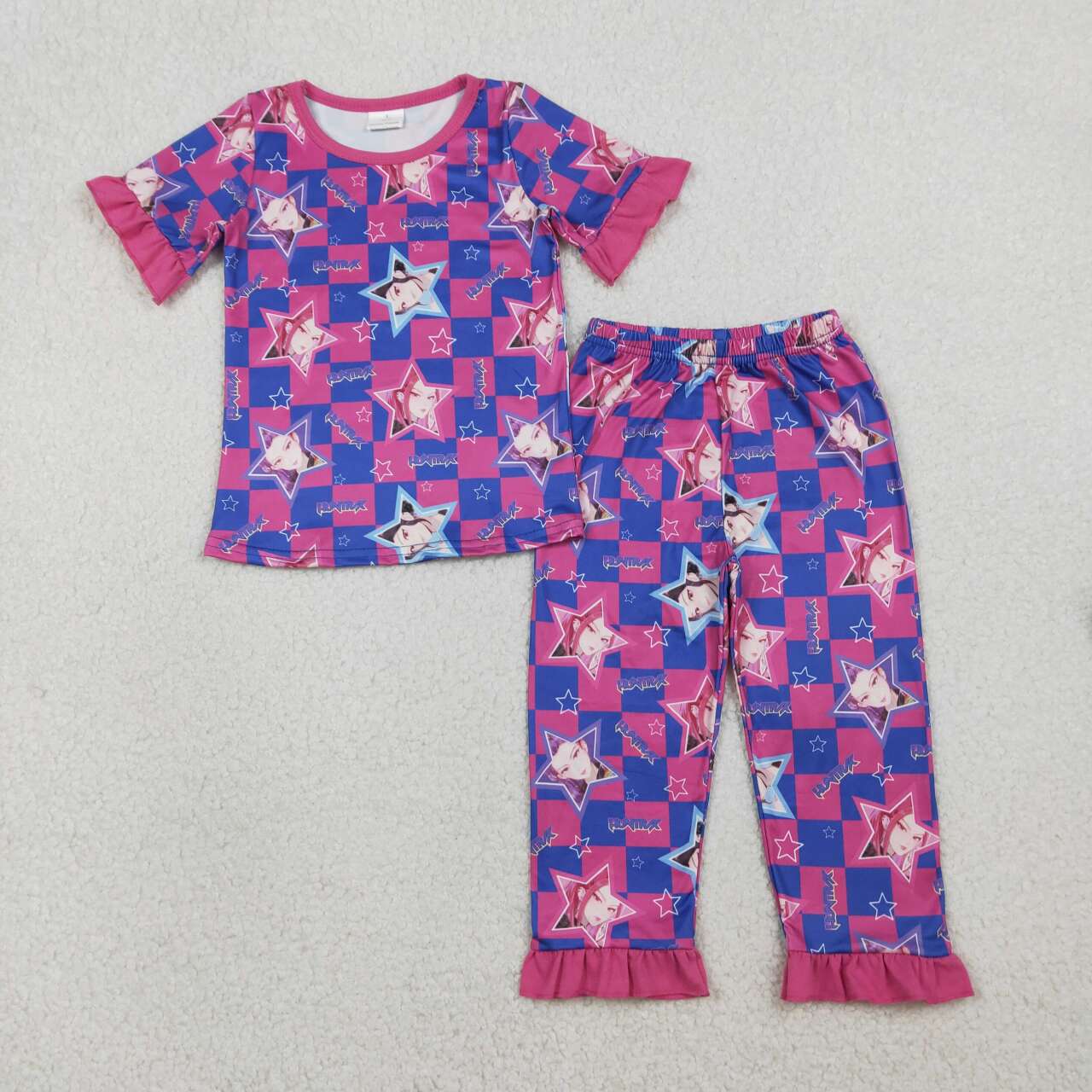 Purple Plaid Cartoon Print shorts sleeve pajamas GSPO2230