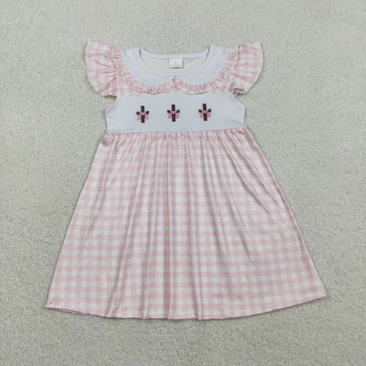 Easter Pink Plaid cross embroidery Girls dress GSD3382