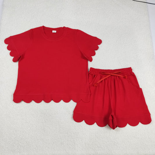 Women's Red Scalloped Short Sleeve Set GSSO3205