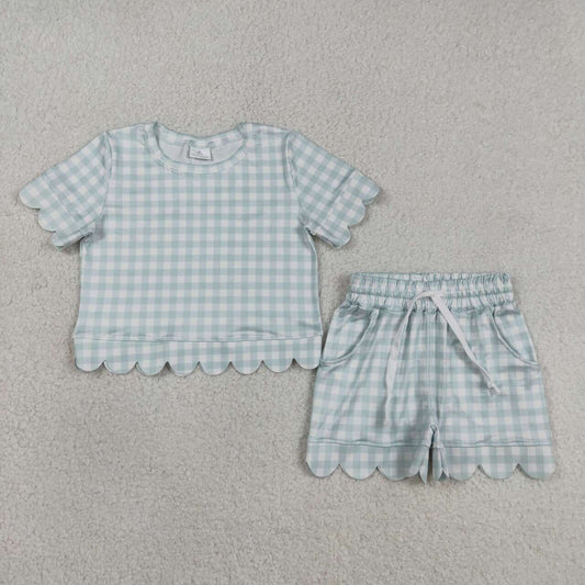 Blue leopard Scalloped Short Sleeve Girls Set GSSO3184