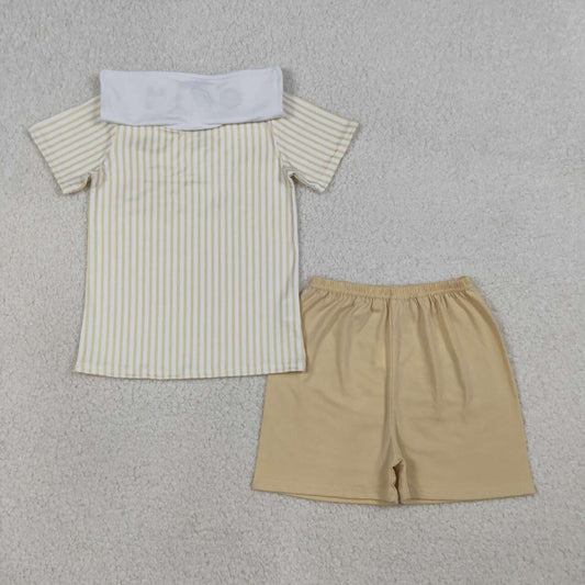 Embroidered sheep cross khaki stripes Short Sleeve Boy Set BSSO1777