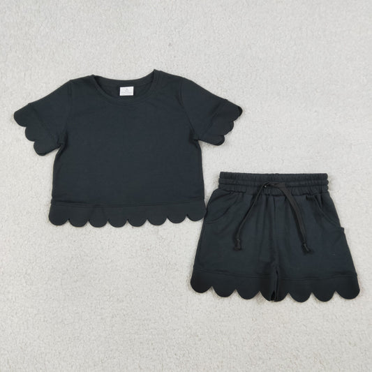 Black Scalloped Short Sleeve Girls Set GSSO3172