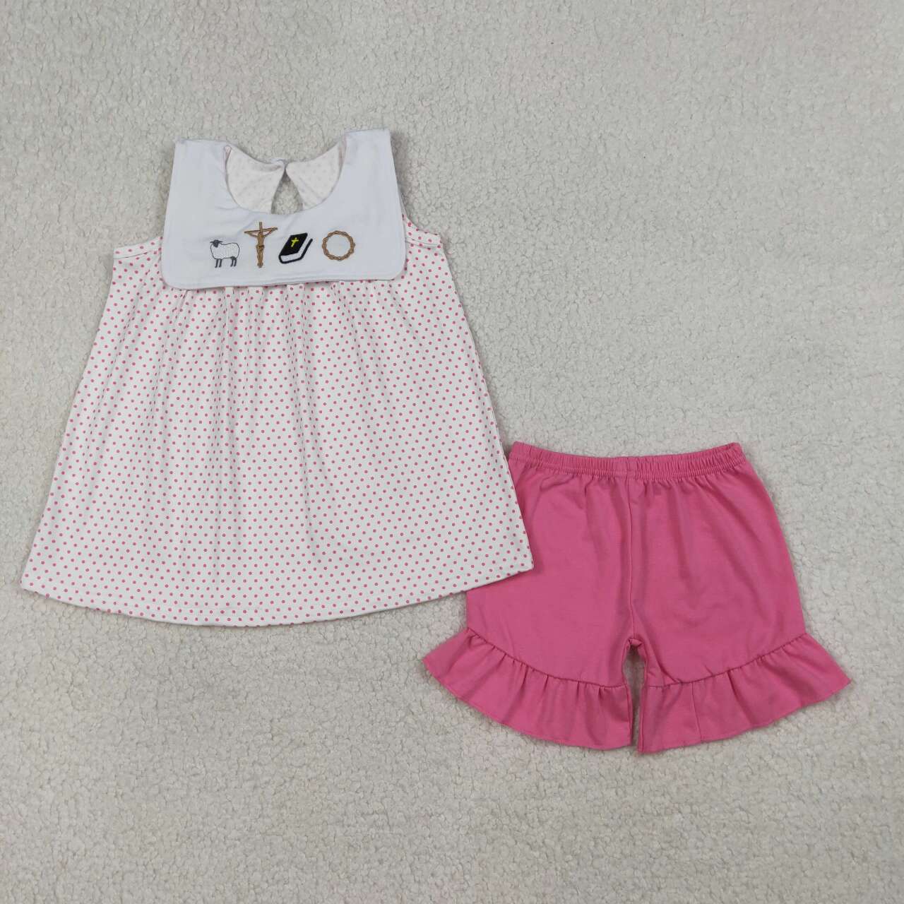 Summer Sleeveless Embroidered Lamb Dots Girls Set GSSO3019