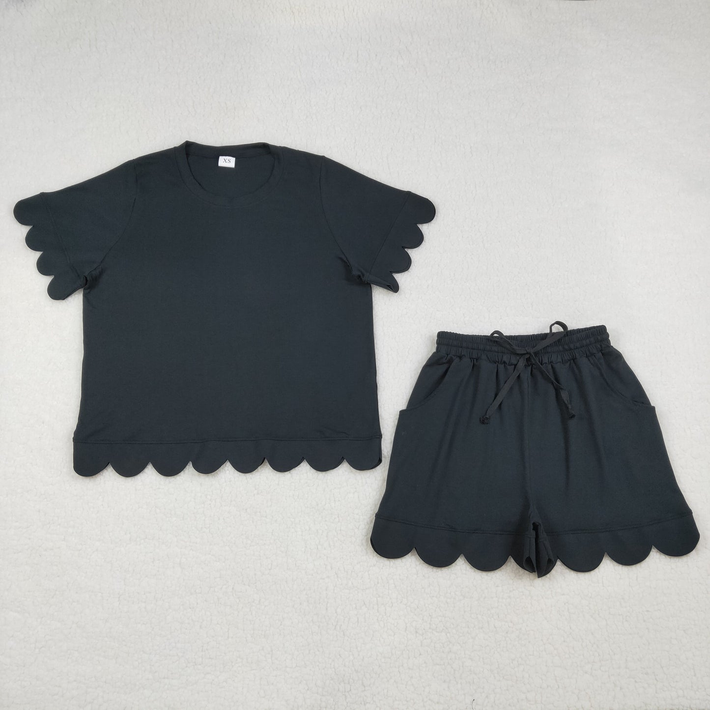 Women's Black Scalloped Short Sleeve Set GSSO3200