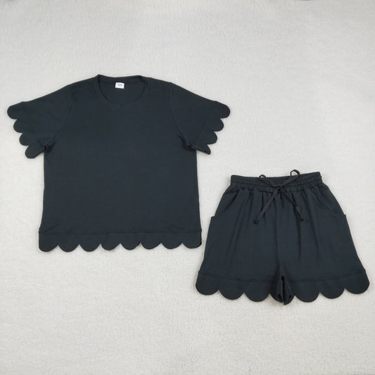 Women's Black Scalloped Short Sleeve Set GSSO3200