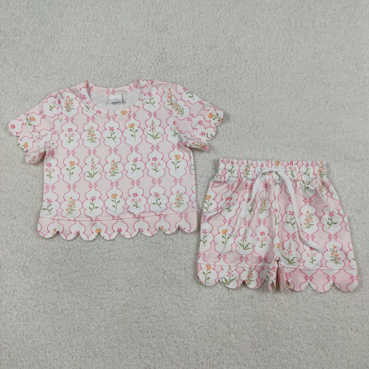 Pink flower scalloped edges Short Sleeve Girls Set GSSO3271