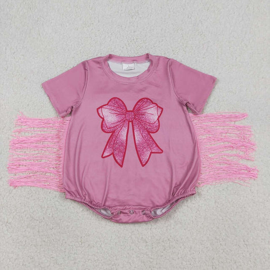 Hot Pink Bow With tassels Short Sleeve Baby Romper SR3187