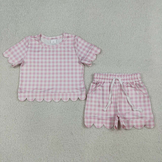 Pink Plaid scalloped edges Short Sleeve Boy Set GSSO3183