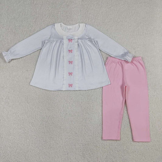 Stripe Embroidered Bow long sleeve set GLP2909