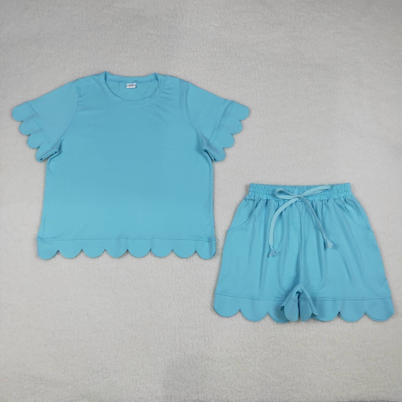 Women's Blue Scalloped Short Sleeve Set GSSO3208