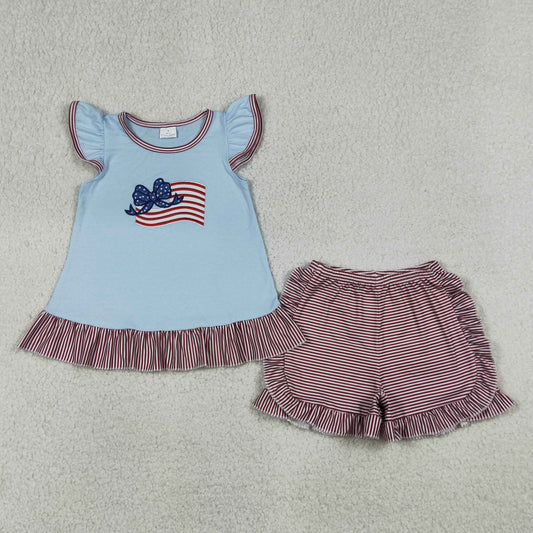 July of 4th Flag Embroidery Girls Set GSSO3278
