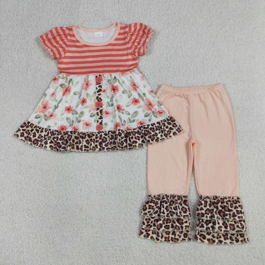 Floral Stripes Leopard Print Girls Set GSPO1044