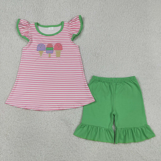 Pink Striped Popsicle Embroidery Girls Set