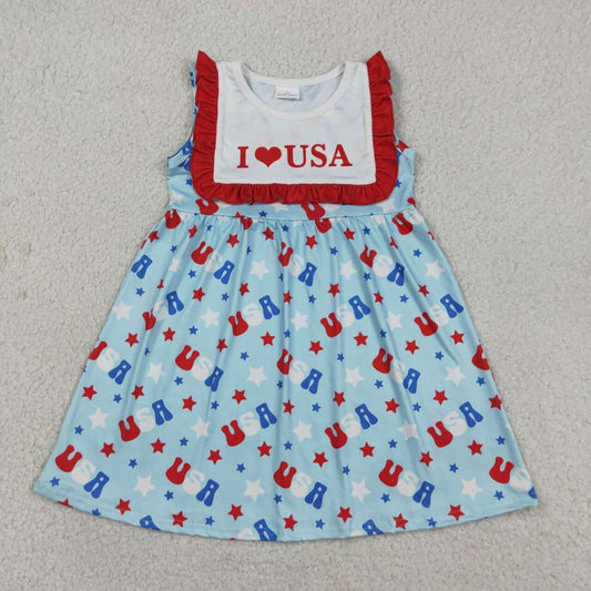 4th of July Sleeveless Embroidered "I LOVE USA" Girls dress