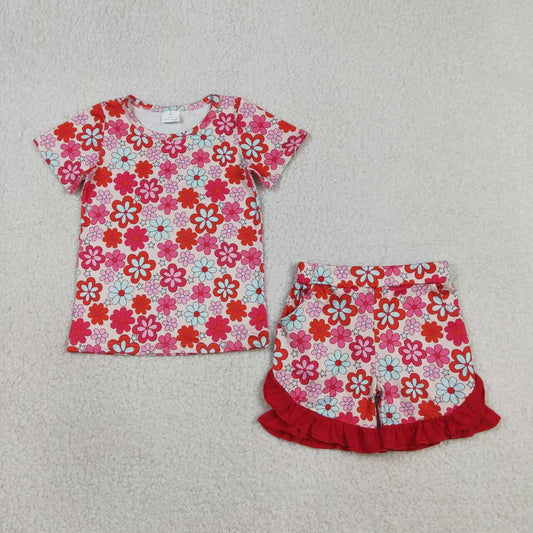 Summer Red flower Girl Outfit Set GSSO3471