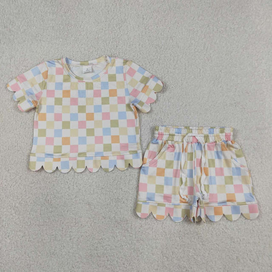 colorful Plaid scalloped edges Short Sleeve Girls Set GSSO3419
