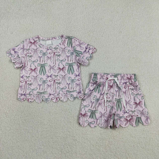 Purple Bow scalloped edges Short Sleeve Girls Set GSSO3409