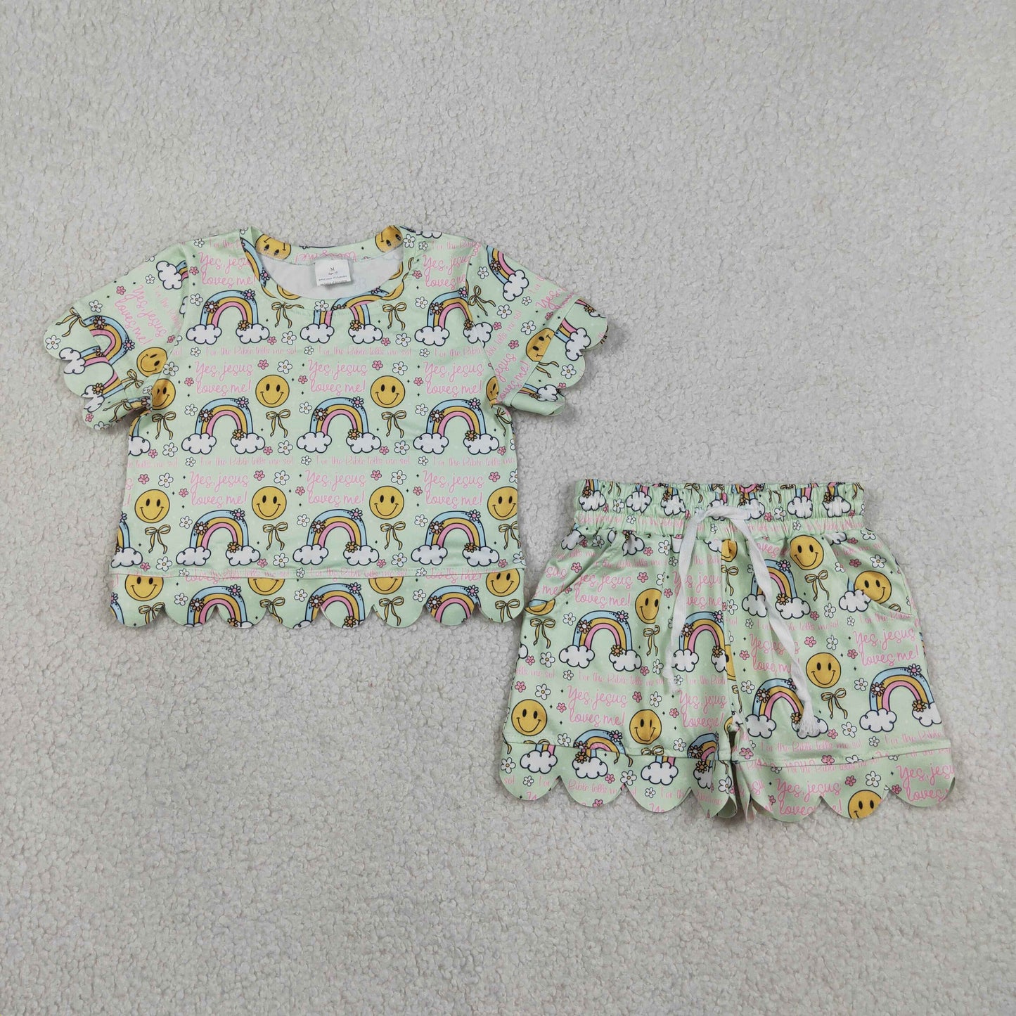 Smiling Rainbow scalloped edges Short Sleeve Girls Set GSSO3283
