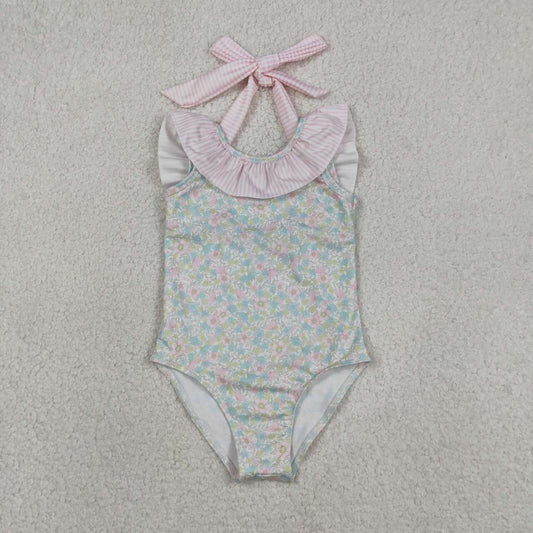 Pink flower print girl Swimsuit S0732