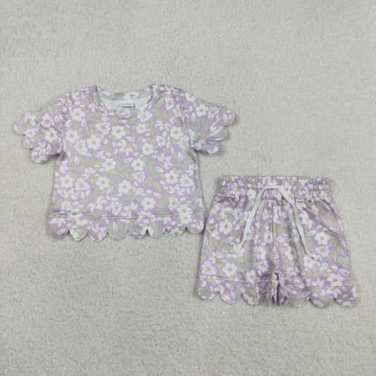 flowers scalloped edges Short sleeve Girls Set GSSO3265