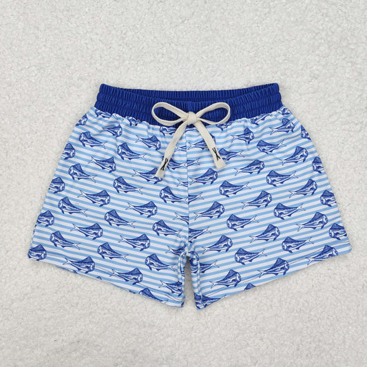 Blue fish stripe Print short swim
