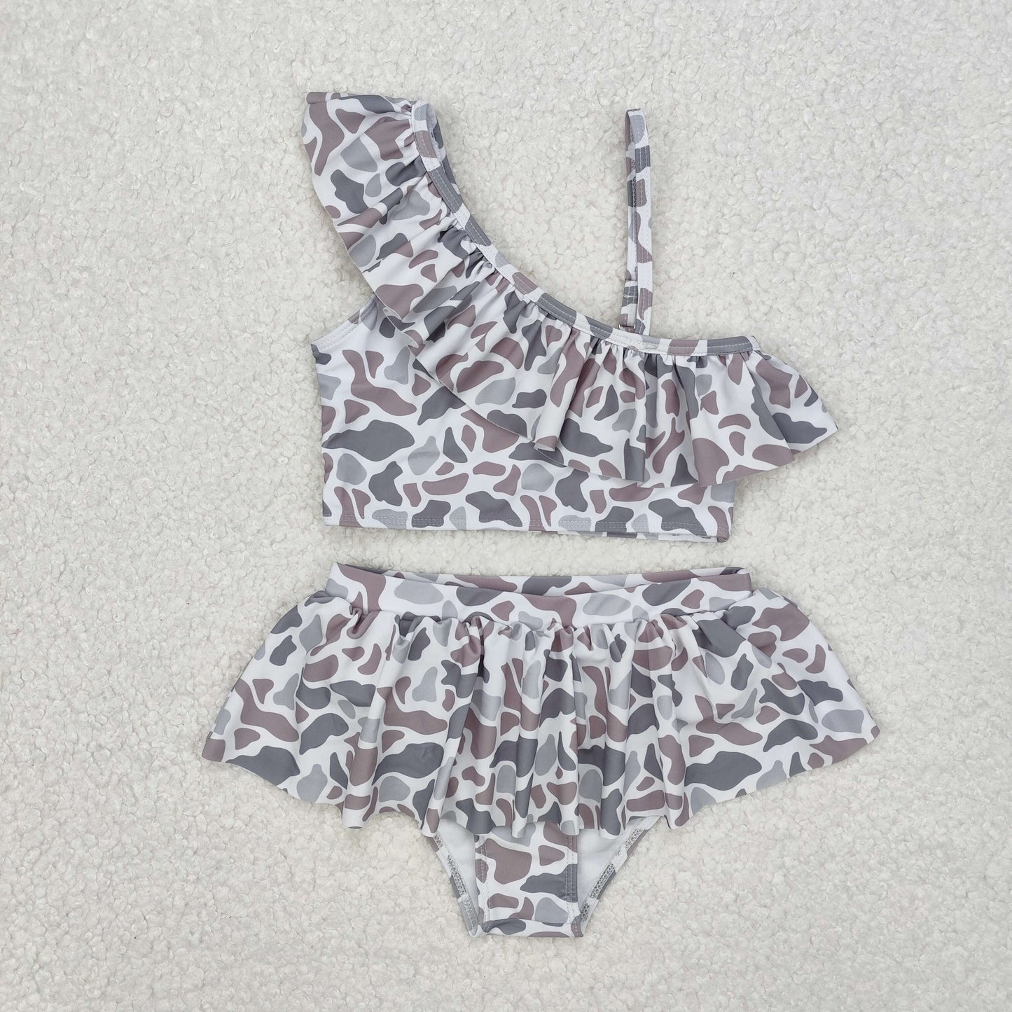 2pc leopard brown grey print sleeve girl Swimsuit