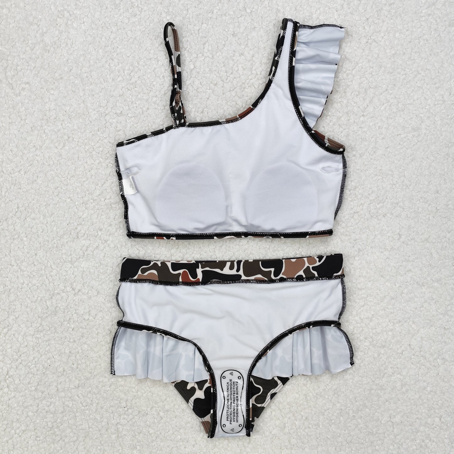 2pc Cream-coloured Camo print sleeve girl Swimsuit