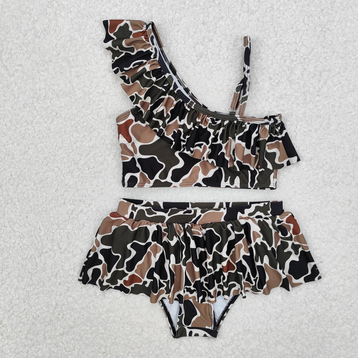 2pc Cream-coloured Camo print sleeve girl Swimsuit