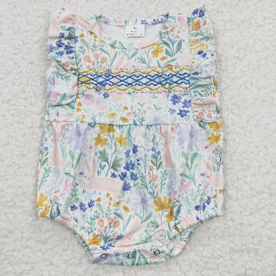 SR0262 easter floral embroidery  Romper (usa warehouse)